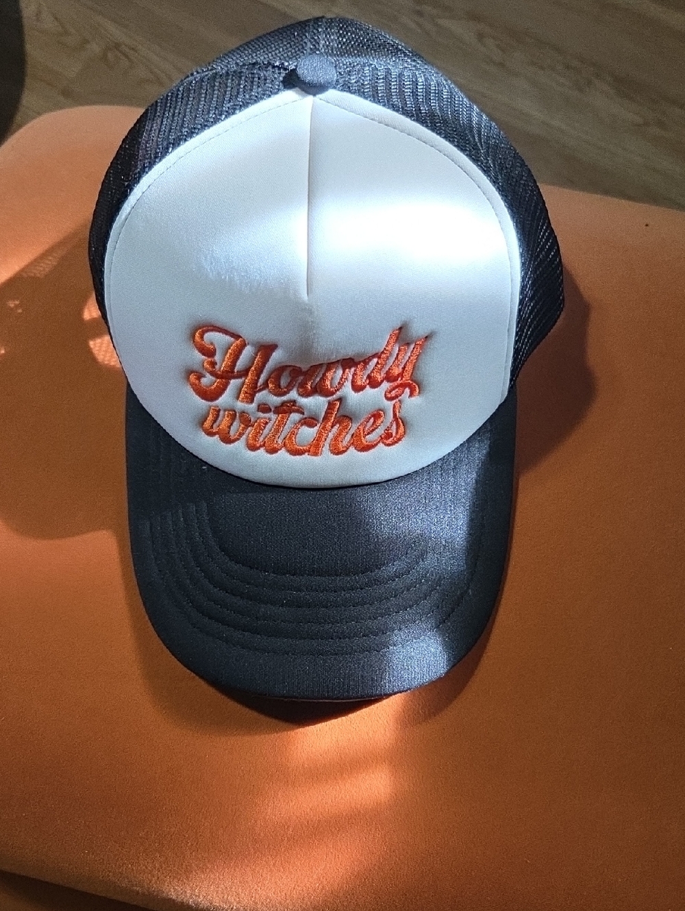 Howdy Witches Embroidered Trucker Hat - White & Black with Orange Script